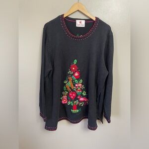 Quacker Factory Black Knit Embroidered Christmas Tree Light Up Sweater 2X?